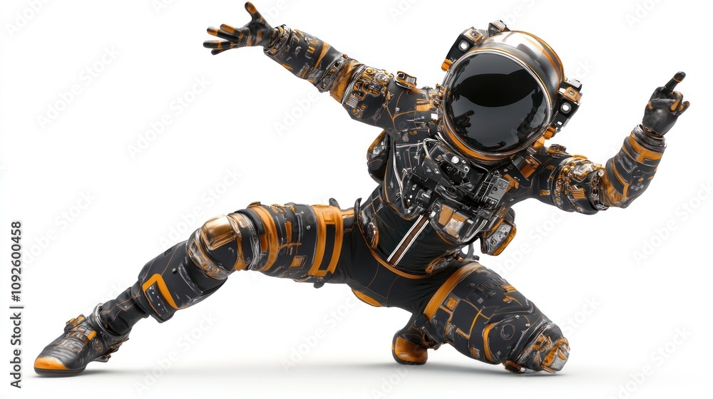 A dynamic astronaut in a futuristic suit striking a pose against a white background. A dynamic astronaut in a futuristic suit striking a pose against a white background.