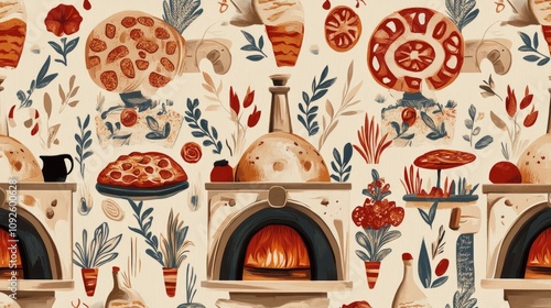 A repeating design of vintage-style pizza ovens, dough, and toppings like pepperoni and mozzarella, arranged in an artistic retro pattern with warm, inviting colors."