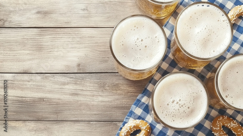 Frothy Beer Mugs on Rustic Table with Oktoberfest Decor