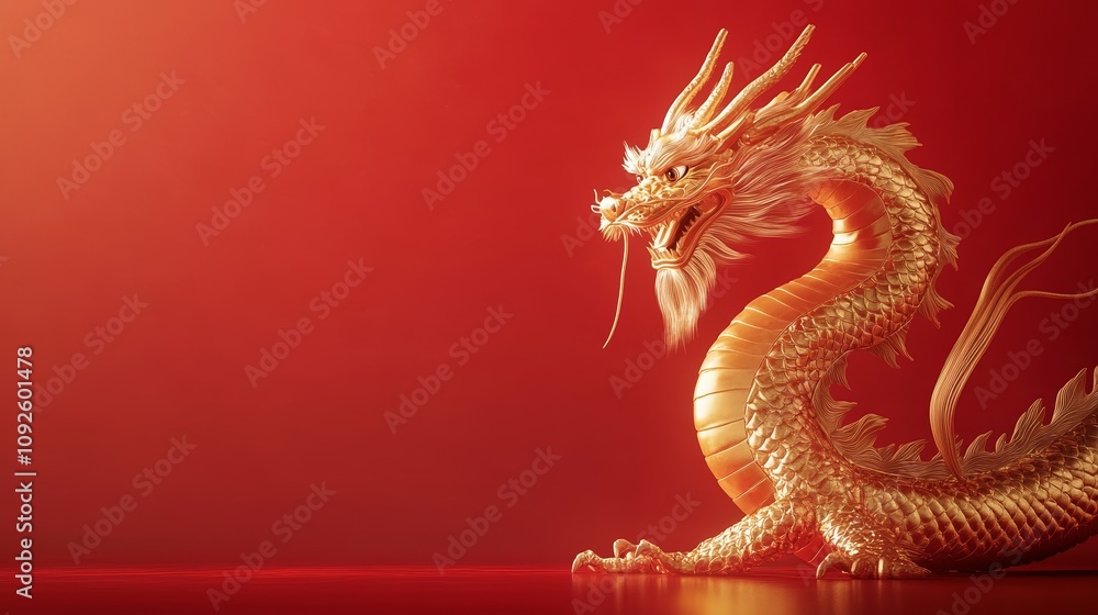 Obraz premium Golden Crystal Dragon Statue With Intricate Details on Bright Red Background