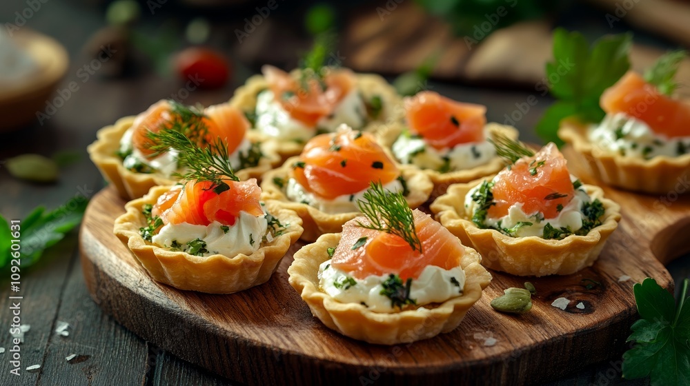 Crispy Mini Tartlets With Salmon, Cream Cheese, and Fresh Herbs Arranged on Wooden Platter for Gourmet Appetizer Crispy Mini Tartlets With Salmon, Cream Cheese, and Fresh Herbs Arranged on Wooden Platter for Gourmet Appetizer