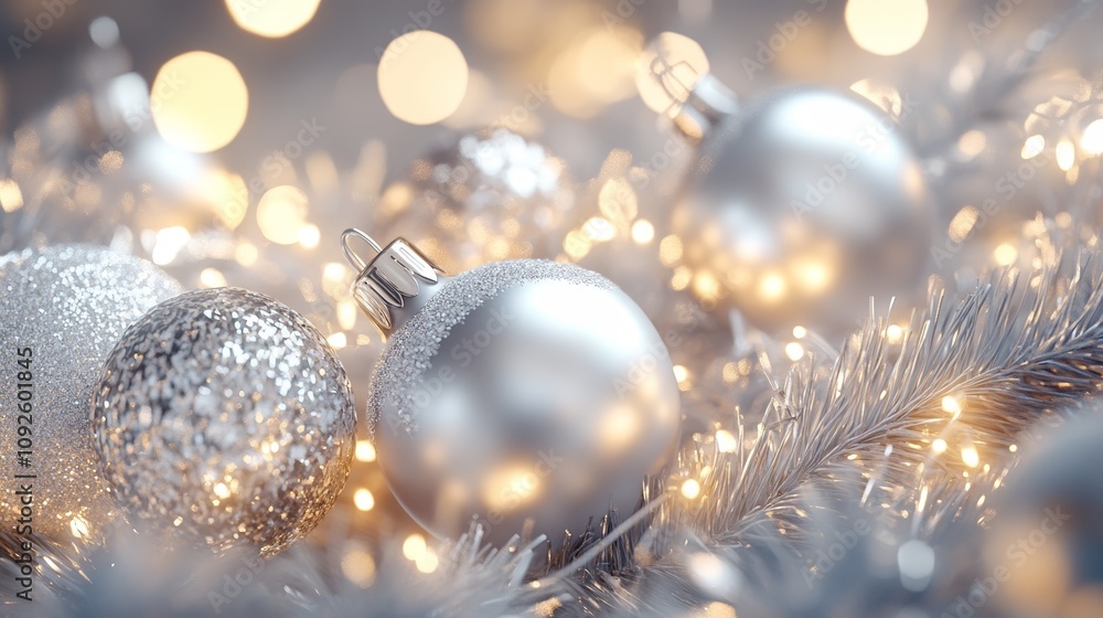 Beautiful White and Silver Baubles with Sparkling Background for Elegant and Festive Christmas Decor Beautiful White and Silver Baubles with Sparkling Background for Elegant and Festive Christmas Decor