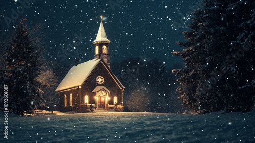 A quiet Christmas Eve midnight, traditional candlelight service inside a quaint chapel, snow falling gently outside, hearts warmed by the spirit of the season