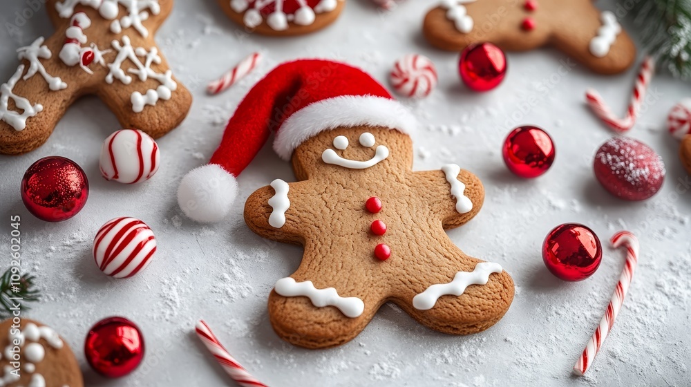 Christmas Gingerbread Man and Cookies Decorated With Candy Canes and Red Ornaments Creating Whimsical and Festive Scene