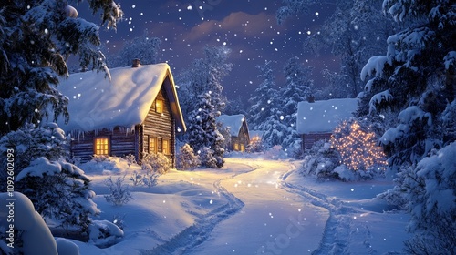 Snow-Covered Peaceful Village in Soft Winter Light with Cozy Homes and Glowing Trees for Serene Holiday Landscape