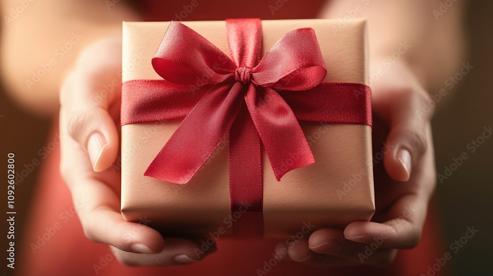 Close-Up of Someone Holding a Gift Box with Red Ribbon for Festive and Thoughtful Holiday Design Close-Up of Someone Holding a Gift Box with Red Ribbon for Festive and Thoughtful Holiday Design