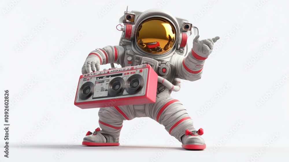 A playful astronaut dancing while holding a retro boombox, blending space and music culture. A playful astronaut dancing while holding a retro boombox, blending space and music culture.