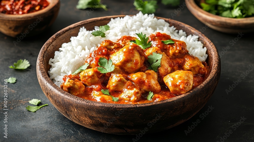 Spicy Indian Masala Chicken With Rice in Rustic Bowl Garnished With Fresh Herbs and Served on Wooden Table Spicy Indian Masala Chicken With Rice in Rustic Bowl Garnished With Fresh Herbs and Served on Wooden Table