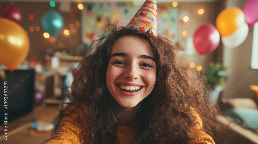 A woman with curly hair is wearing a party hat and smiling A woman with curly hair is wearing a party hat and smiling