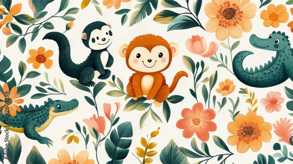 Obraz premium Playful jungle animals like monkeys, sloths, and crocodiles in a vibrant floral setting. Fun and cheerful vector illustration
