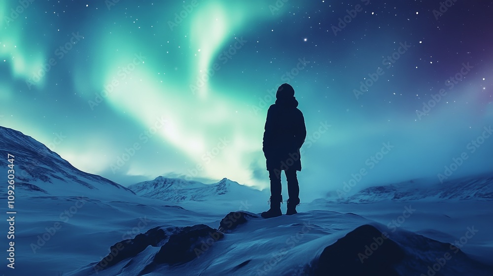 Silhouette of Lone Figure Admiring Northern Lights Under Starry Sky in Scenic Winter Landscape With Snow-Covered Hills Silhouette of Lone Figure Admiring Northern Lights Under Starry Sky in Scenic Winter Landscape With Snow-Covered Hills