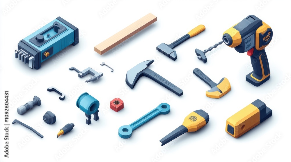 High-detail 3D vector cartoon icons of a set of tools: planer, saw, pliers, screwdriver, vise, drill, hammer, and adjustable wrench, bright design High-detail 3D vector cartoon icons of a set of tools: planer, saw, pliers, screwdriver, vise, drill, hammer, and adjustable wrench, bright design