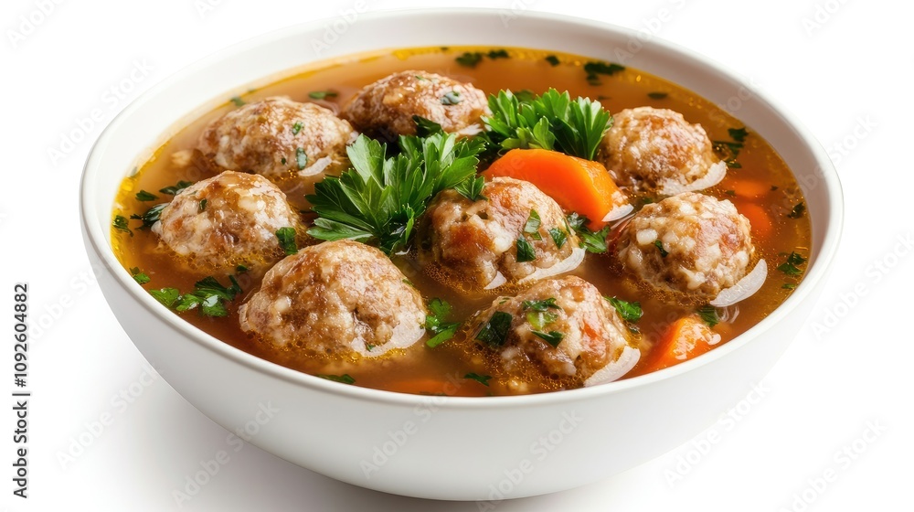 Hearty Matzah Ball Soup in a White Bowl Hearty Matzah Ball Soup in a White Bowl