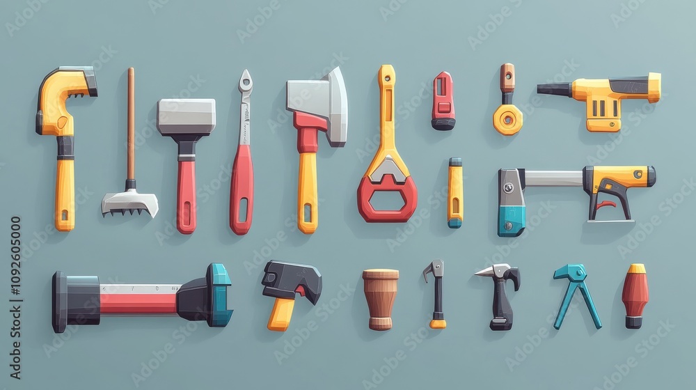 Obraz premium High-detail 3D vector cartoon icons of a set of tools: planer, saw, pliers, screwdriver, vise, drill, hammer, and adjustable wrench, bright design