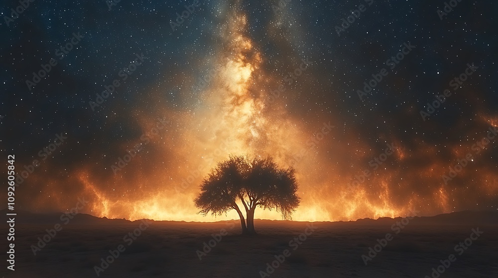 Nighttime desert beauty featuring a single tree and the expansive brilliance of the milky way Nighttime desert beauty featuring a single tree and the expansive brilliance of the milky way
