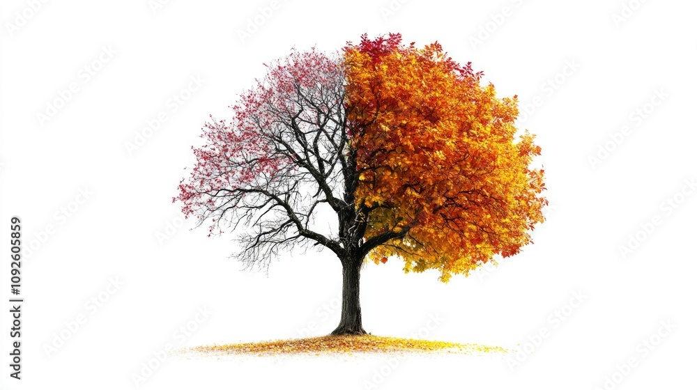 A single tree, one side showing a skeleton-like structure of branches and the other covered in vibrant autumn leaves, isolated on white A single tree, one side showing a skeleton-like structure of branches and the other covered in vibrant autumn leaves, isolated on white