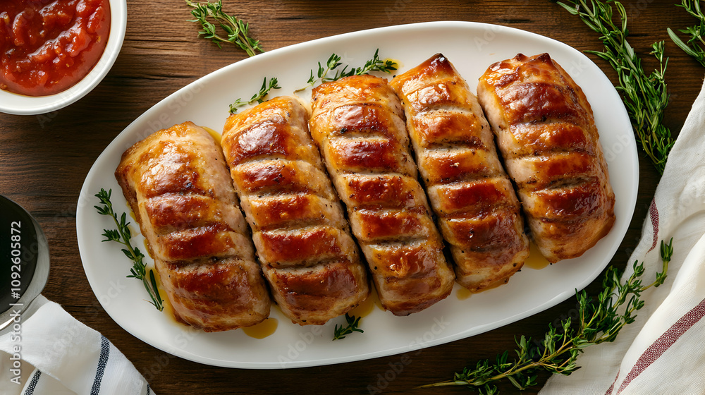 Five Golden Brown Stuffed Pork Loin Rolls on White Platter Surrounded by Fresh Thyme Sprigs and a Wooden Table, with Tomato Sauce in a Bowl Five Golden Brown Stuffed Pork Loin Rolls on White Platter Surrounded by Fresh Thyme Sprigs and a Wooden Table, with Tomato Sauce in a Bowl