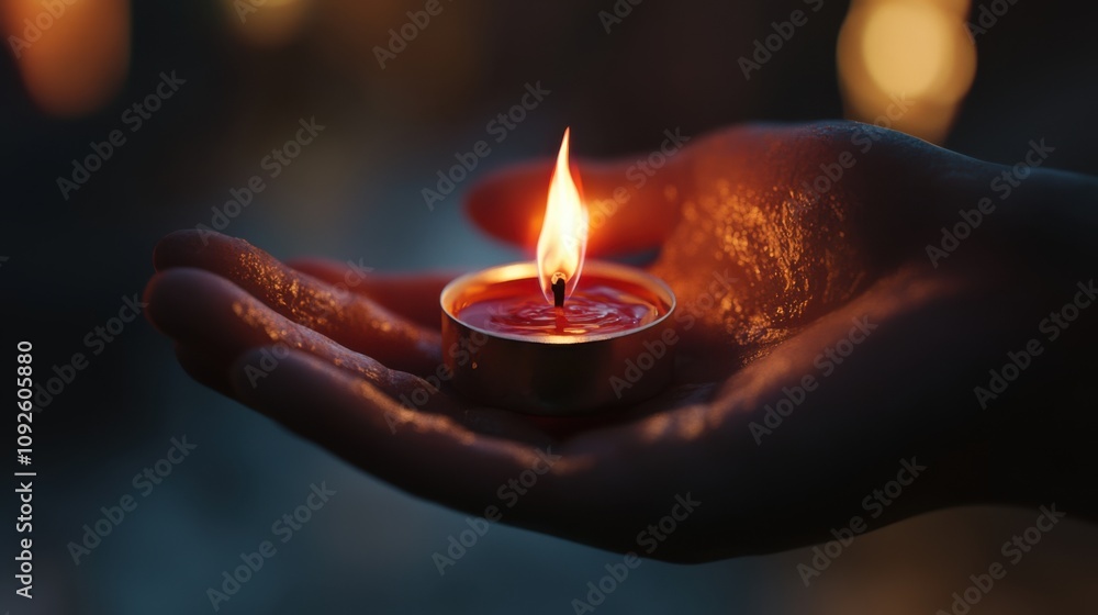 A burning candle rests in the palm of a hand, the flame casting A burning candle rests in the palm of a hand, the flame casting
