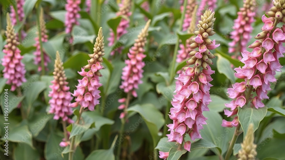 Soybean plants in full bloom with pink flowers and green leaves, soybean blooms, natural beauty, flower closeup Soybean plants in full bloom with pink flowers and green leaves, soybean blooms, natural beauty, flower closeup
