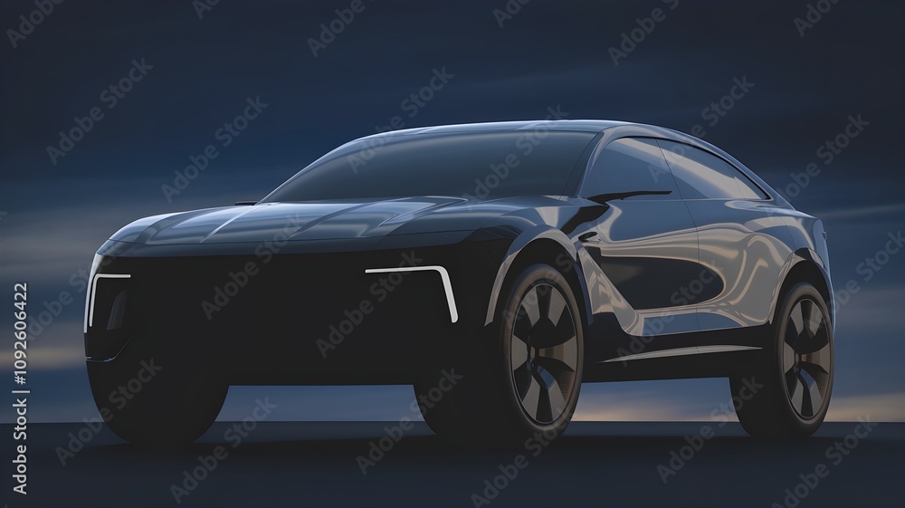 A modern, futuristic electric car design with sharp lines and glossy surfaces under a dusk sky. AI generated. A modern, futuristic electric car design with sharp lines and glossy surfaces under a dusk sky. AI generated.