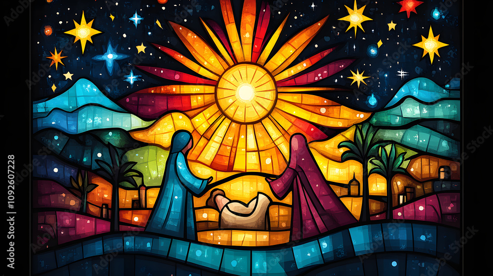 A stained glass-style illustration of a Christmas nativity scene, with bold, vivid colors and intricate details creating a luminous, festive atmosphere. A stained glass-style illustration of a Christmas nativity scene, with bold, vivid colors and intricate details creating a luminous, festive atmosphere.