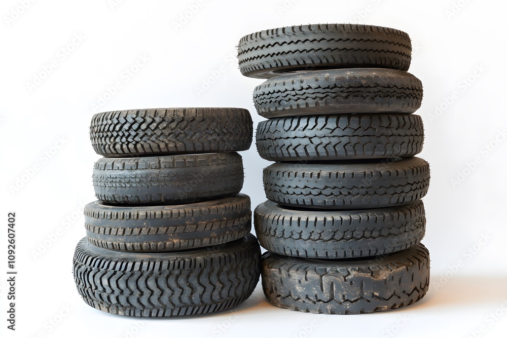 A Stack of Eight Worn-Out Tires Against a White Background A Stack of Eight Worn-Out Tires Against a White Background