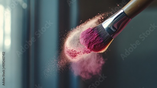 A makeup brush with a wooden handle, pink powder puffing out from