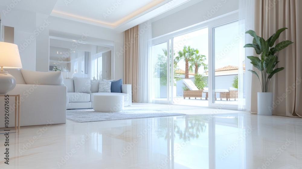 Modern and Elegant Living Room Design with Large Windows Overlooking Outdoor Patio and Tropical Plants in Bright and Airy Space Modern and Elegant Living Room Design with Large Windows Overlooking Outdoor Patio and Tropical Plants in Bright and Airy Space