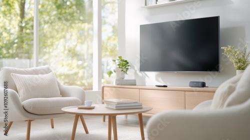 Wallpaper Mural Bright and Cozy Living Room with Modern Furniture and Green Plants, Featuring a Stylish Television and Warm Natural Light Streaming Through Large Windows Torontodigital.ca