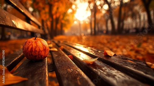 A Single Pumpkin Resting on a Wooden Bench in an Autumnal Park photo