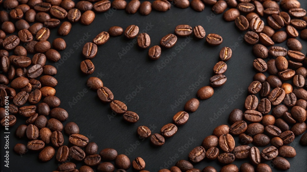 Symmetrical pattern of dark brown coffee beans in the shape of a heart on a black background, coffee patterns, coffee presentation, coffee display Symmetrical pattern of dark brown coffee beans in the shape of a heart on a black background, coffee patterns, coffee presentation, coffee display