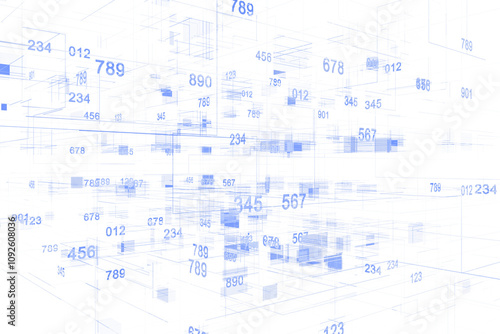 Abstract blue numbers and geometric structures floating in 3D space on a white background, representing data, technology, and digital information