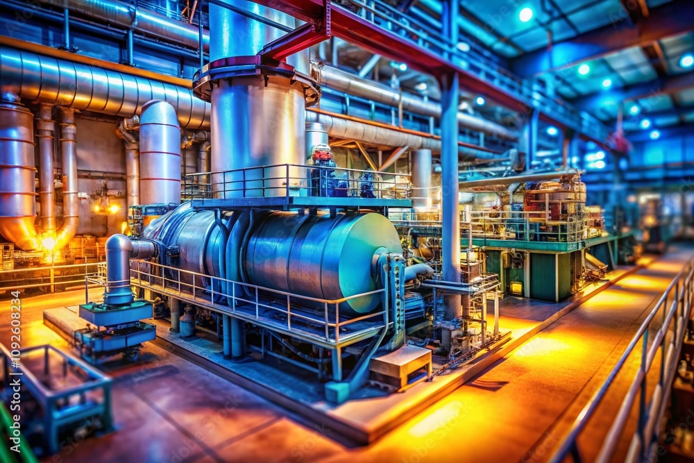 Fototapeta premium Internal View of a Steam Generator Vessel Showcasing Complex Components and Design in a Tilt-Shift Photography Style for Industrial and Engineering Applications
