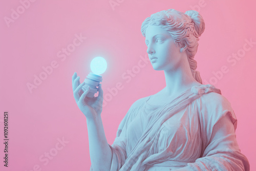 Greek goddess sculpture holding glowing LED bulb in neon light. Conceptual representation of innovation, creativity and new ideas.