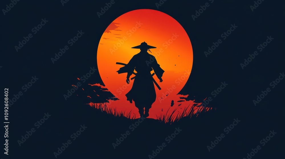 Silhouette of a samurai warrior with a large red sun in the background. Silhouette of a samurai warrior with a large red sun in the background.