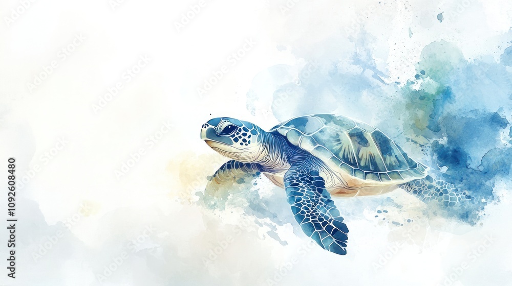 Obraz premium A watercolor illustration of a turtle swimming through a splash of blue and green hues.