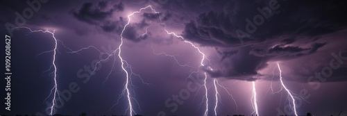 Towering thunderstorms unleash massive lightning bolts in the night sky, dark, cloudy, powerful