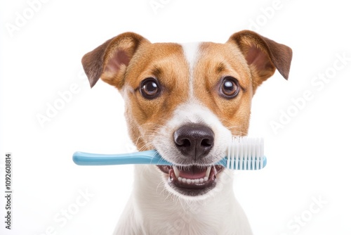 A charming dog happily brushes its teeth with a colorful toothbrush, highlighting the importance of dental hygiene and promoting healthy teeth for pets to engage pet owners and caretakers