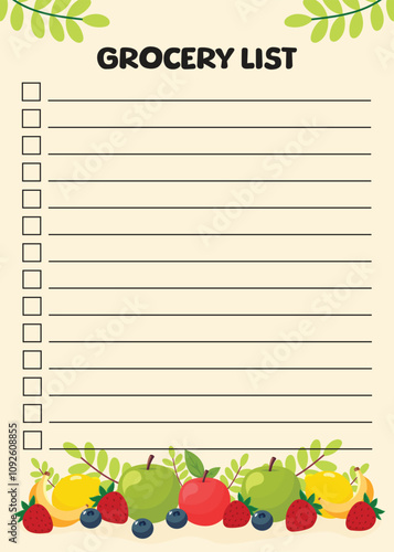 grocery list template with fruits flat illustration