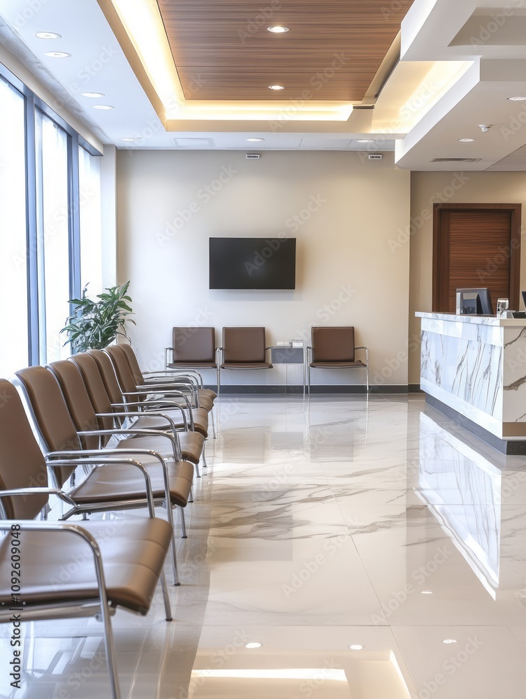 Fototapeta premium Modern Medical Office Waiting Area With Brown Chairs