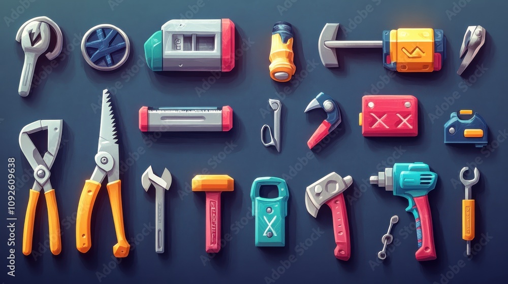 Obraz premium High-detail 3D vector cartoon icons of a set of tools: planer, saw, pliers, screwdriver, vise, drill, hammer, and adjustable wrench, bright design