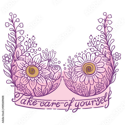 Hand drawn vector illustration. Floral lace bra and text breast cancer awareness month. Banner background, medical symbol in October