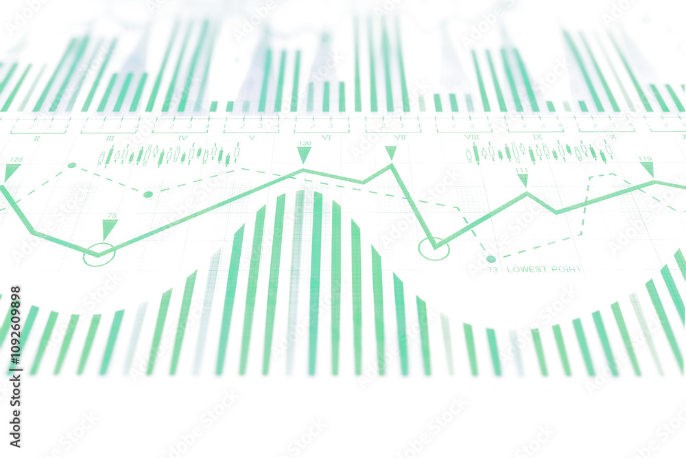 Financial chart with green bars, lines, and candlesticks on a clean white background, representing market analysis and business trends concept Financial chart with green bars, lines, and candlesticks on a clean white background, representing market analysis and business trends concept
