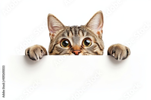 This Adorable Tabby Cat is Playfully Peeking Over a White Background, Making it Perfect for Any Themes Related to Veterinary Care and Animal Health, Ideal for Pet Lovers and Enthusiasts alike photo