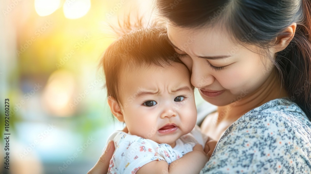 A mother gently embraces her concerned baby, capturing a moment of tenderness and care. A mother gently embraces her concerned baby, capturing a moment of tenderness and care.