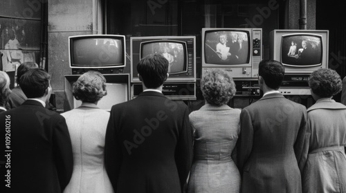 A group of people watch television sets in a shop window.