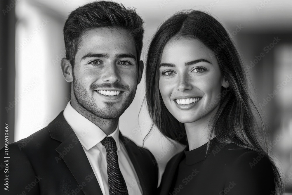 Smiling Young Couple in Black and White Portrait Smiling Young Couple in Black and White Portrait