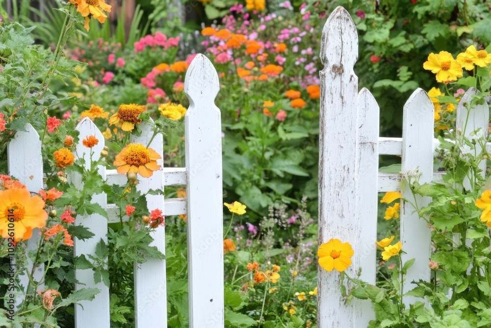 A vibrant garden with colorful flowers and a white picket fence. A vibrant garden with colorful flowers and a white picket fence.