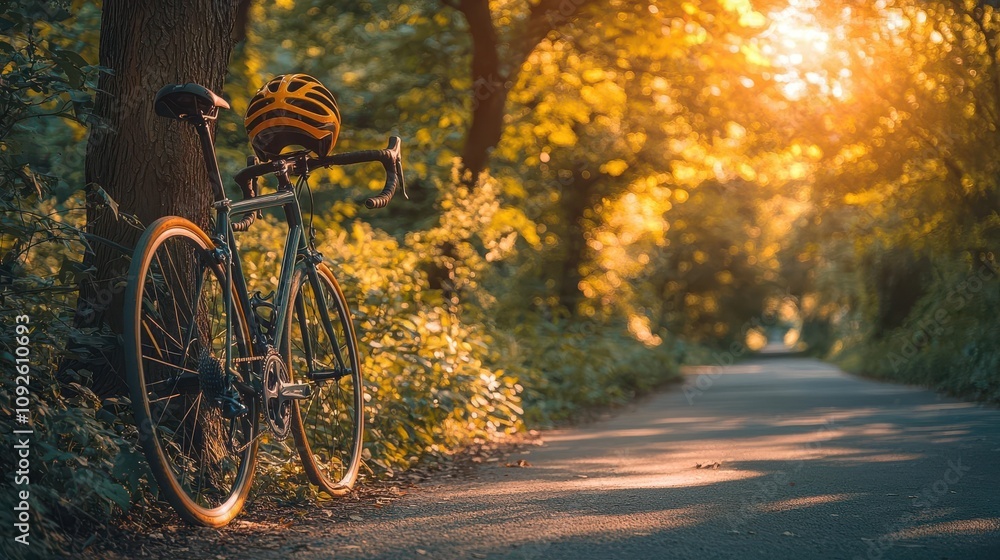 Bicycle resting by a sunny forest path with a helmet nearby Bicycle resting by a sunny forest path with a helmet nearby