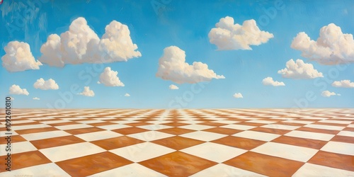 Surreal landscape with checkerboard ground and cloudy sky imaginative art scene peaceful environment wide-angle view for artistic inspiration photo